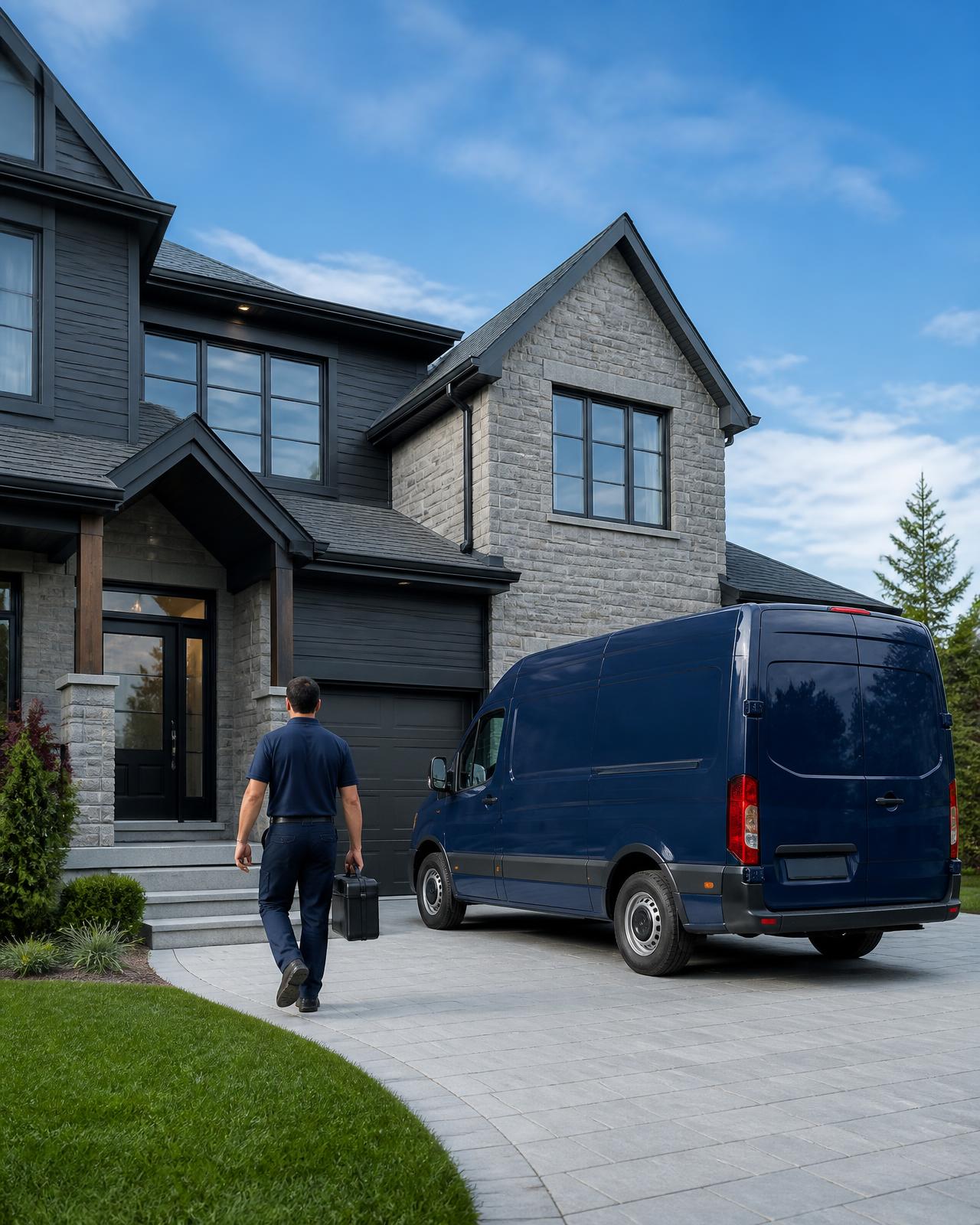 Springwater technician arriving at a modern Ontario home with a service van in the driveway